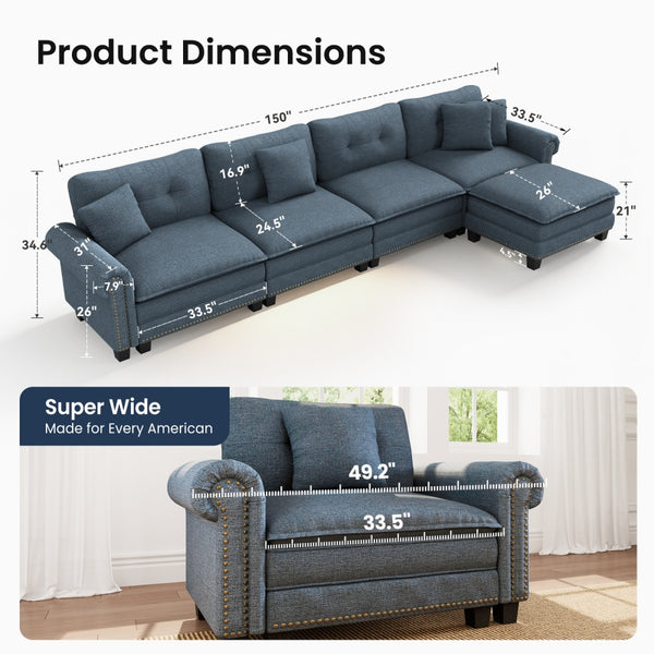 Charleston Linen-Look L-Shaped Living Room Couch with Ottoman