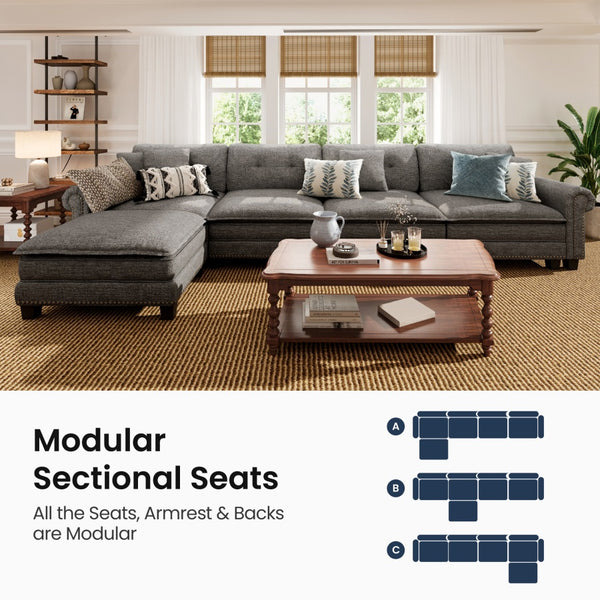 Charleston Linen-Look L-Shaped Living Room Couch with Ottoman