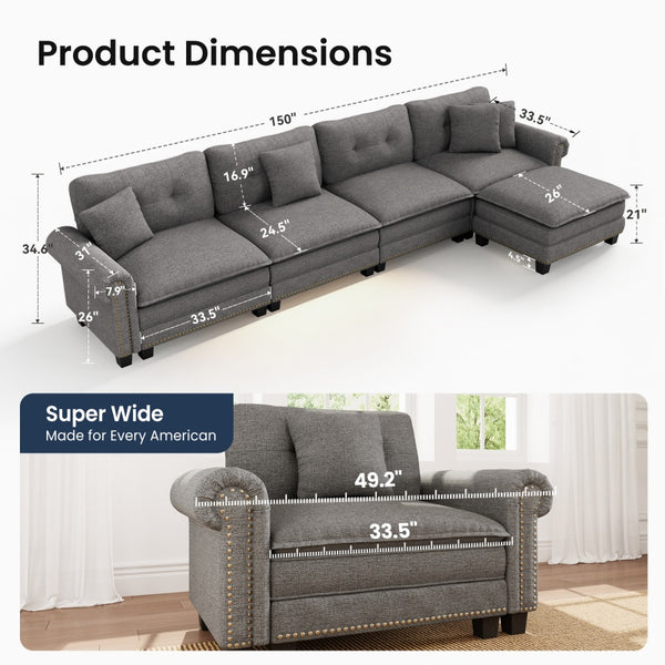 Charleston Linen-Look L-Shaped Living Room Couch with Ottoman