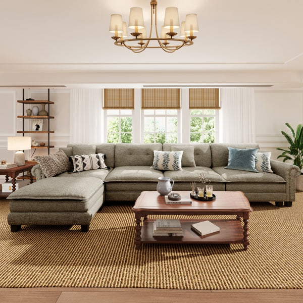 Charleston Linen-Look L-Shaped Living Room Couch with Ottoman