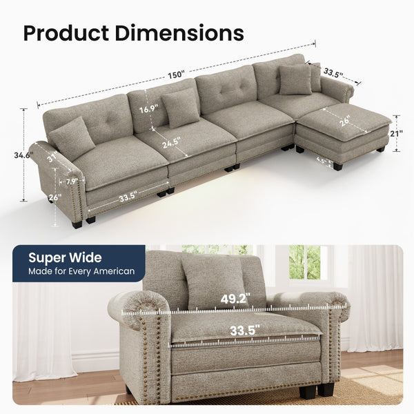 Charleston Linen-Look L-Shaped Living Room Couch with Ottoman