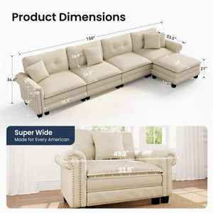 Charleston Linen-Look L-Shaped Living Room Couch with Ottoman