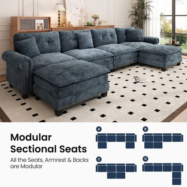 Charleston Velvet-Chenille U-Shaped Living Room Couch with Ottoman