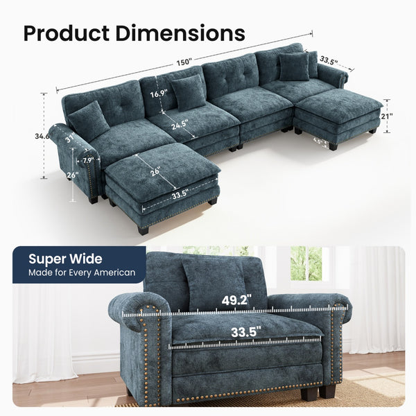 Charleston Velvet-Chenille U-Shaped Living Room Couch with Ottoman