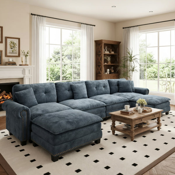 Charleston Velvet-Chenille U-Shaped Living Room Couch with Ottoman