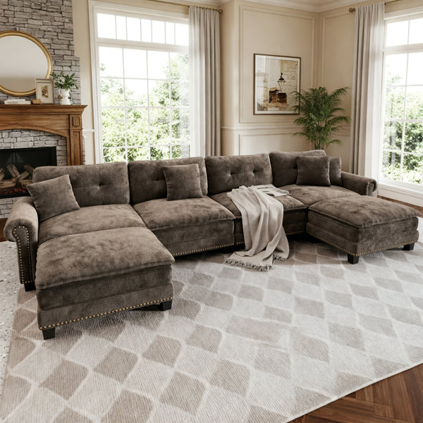 Charleston Velvet-Chenille U-Shaped Living Room Couch with Ottoman