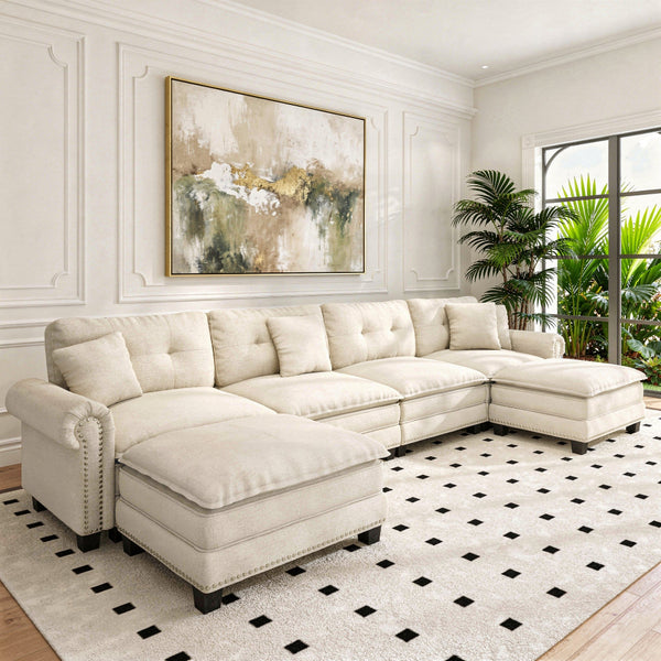 Charleston Velvet-Chenille U-Shaped Living Room Couch with Ottoman