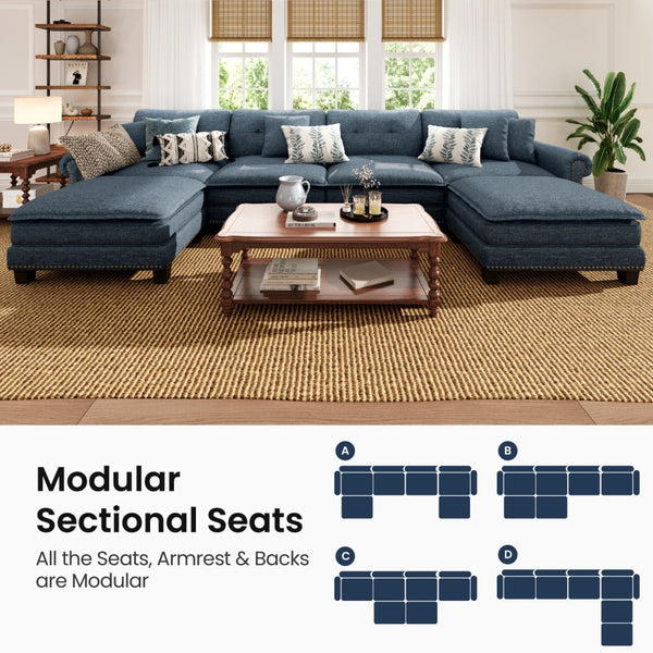 Charleston Linen-Look U-Shaped Living Room Couch with Ottoman