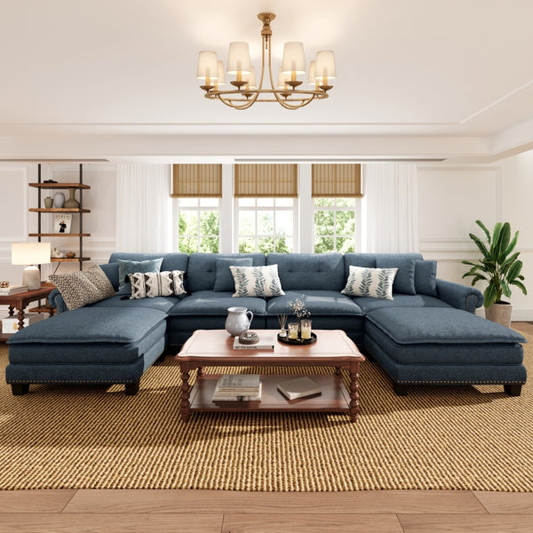Charleston Linen-Look U-Shaped Living Room Couch with Ottoman