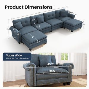 Charleston Linen-Look U-Shaped Living Room Couch with Ottoman