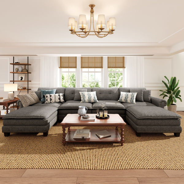 Charleston Linen-Look U-Shaped Living Room Couch with Ottoman