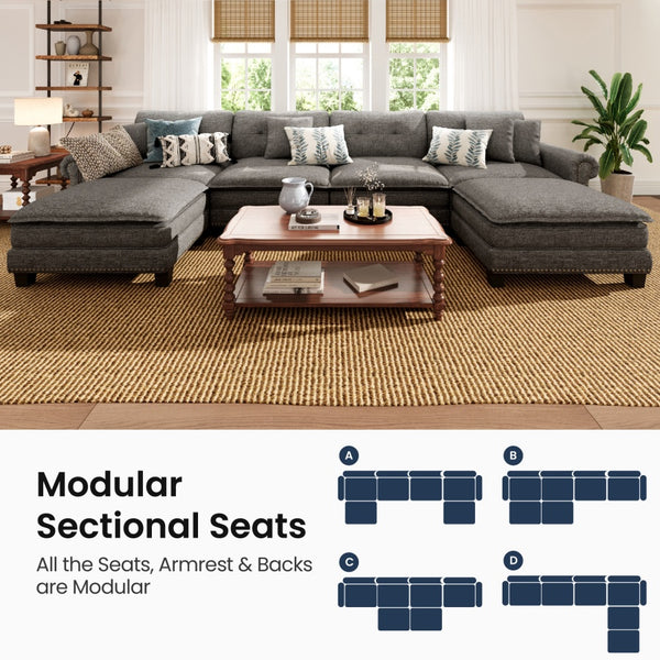 Charleston Linen-Look U-Shaped Living Room Couch with Ottoman