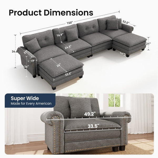 Charleston Linen-Look U-Shaped Living Room Couch with Ottoman