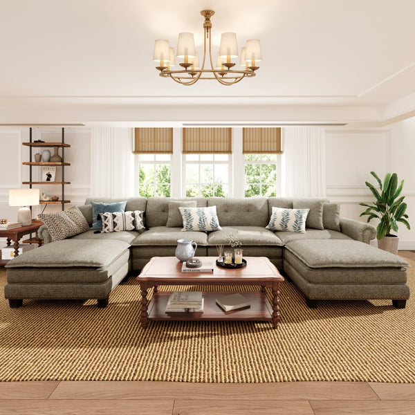 Charleston Linen-Look U-Shaped Living Room Couch with Ottoman