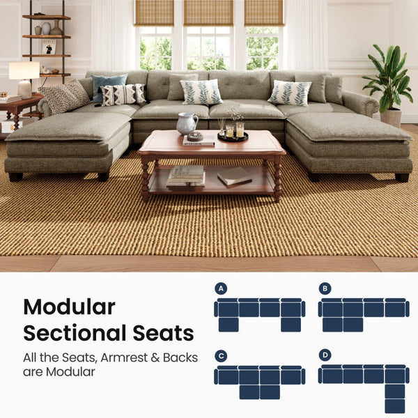 Charleston Linen-Look U-Shaped Living Room Couch with Ottoman