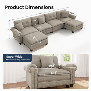 Charleston Linen-Look U-Shaped Living Room Couch with Ottoman