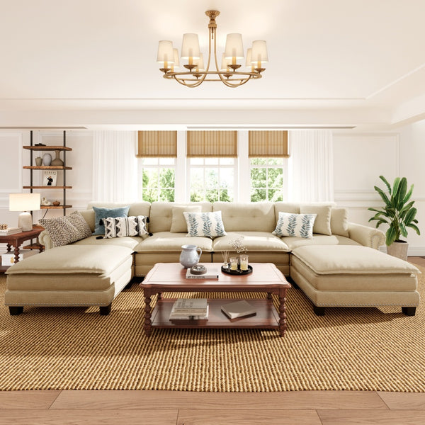 Charleston Linen-Look U-Shaped Living Room Couch with Ottoman