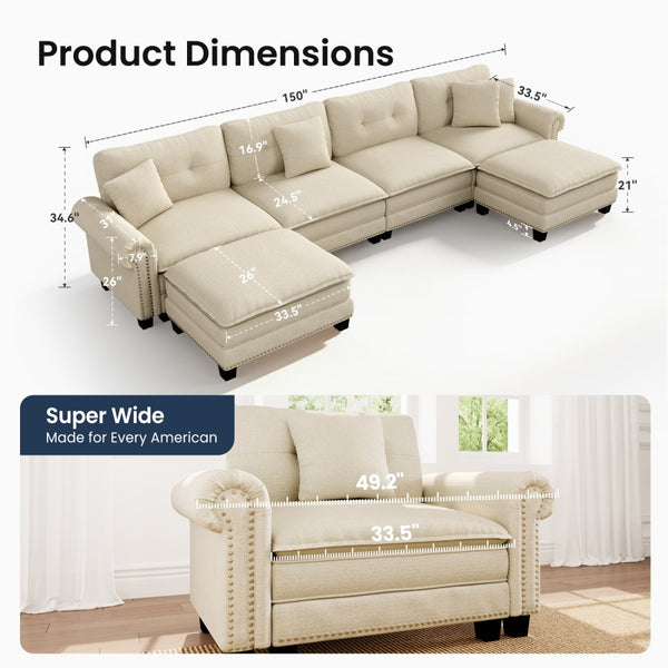 Charleston Linen-Look U-Shaped Living Room Couch with Ottoman