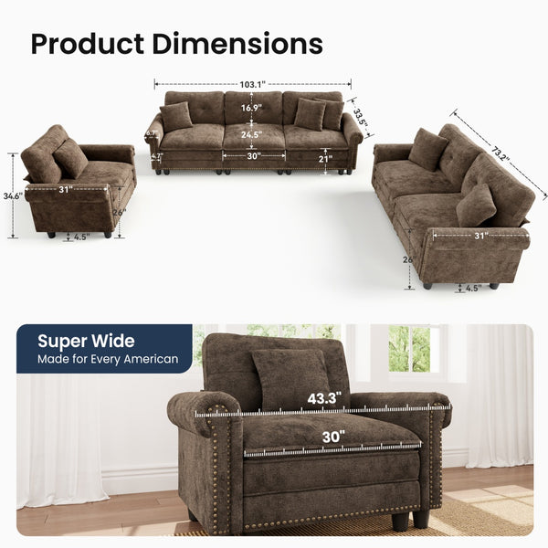 Charleston Velvet-Chenille Living Room Couch Large Set