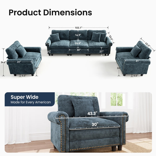 Charleston Velvet-Chenille Living Room Couch Large Set