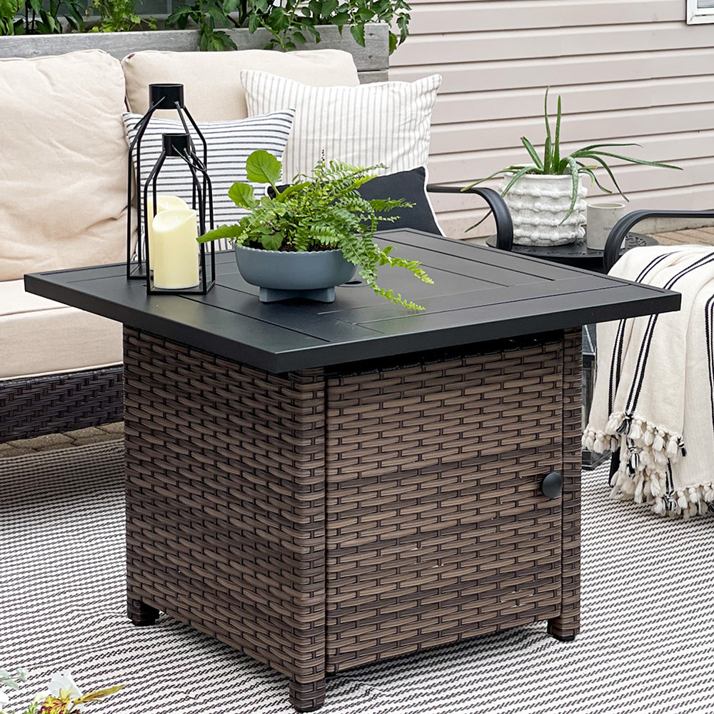 50,000 BTU Patio Fire Pit Table with Rattan Side Boards