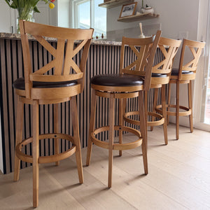 360° Swivel Farmhouse Wood Bar Stools with Patented K-Shaped Back