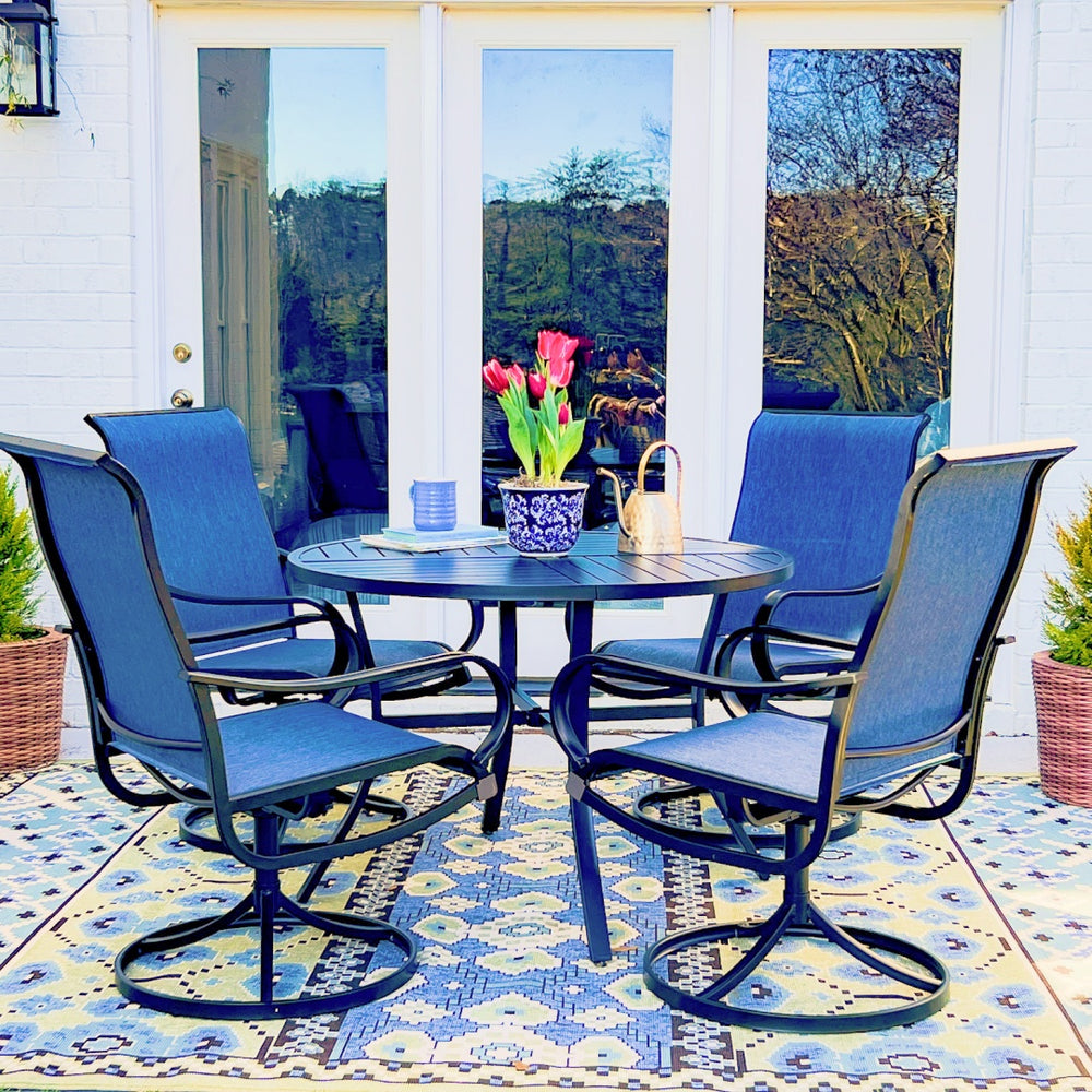 5-Piece Patio Dining Set Steel Round Table & Textilene Swivel Chairs