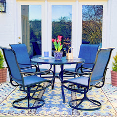 5-Piece Patio Dining Set Steel Round Table & Textilene Swivel Chairs