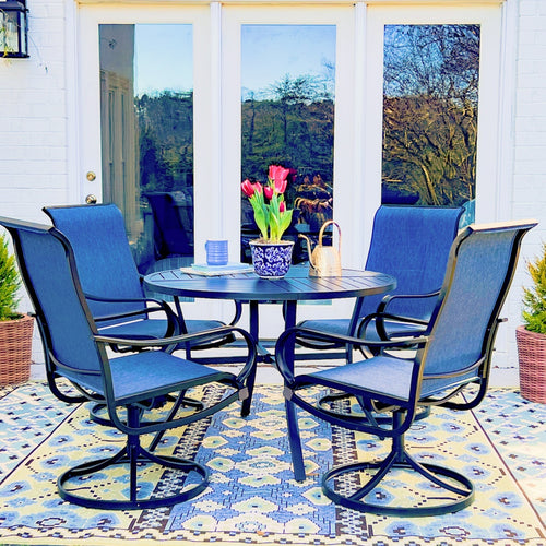 5-Piece Patio Dining Set Steel Round Table & Textilene Swivel Chairs