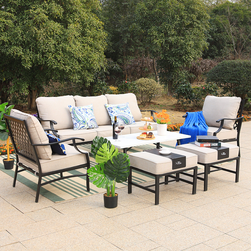 PHI VILLA 18-Piece Set with 6-Seat Dining Set and 7-Seat Steel Conversation Sofa Set and 3-Piece Padded Conversation Set