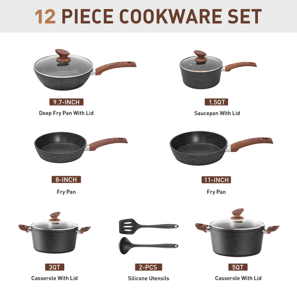 Stylish Granite-Coating Nonstick Induction 12 Pieces Cookware Set