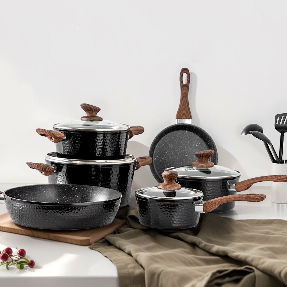 15 Pieces Induction Black Hammered Finish Nonstick Pots and Pans Set