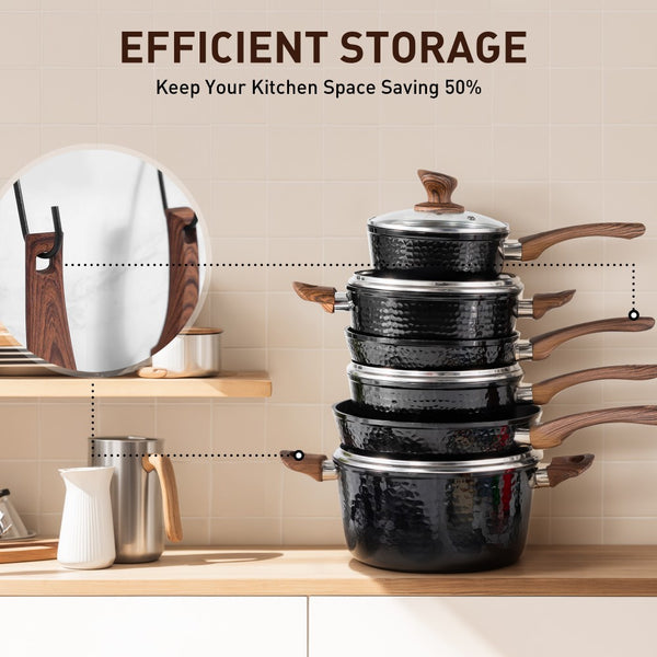 15 Pieces Induction Black Hammered Finish Nonstick Pots and Pans Set