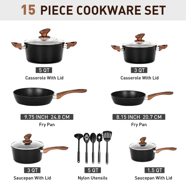 15 Pieces Induction Black Hammered Finish Nonstick Pots and Pans Set