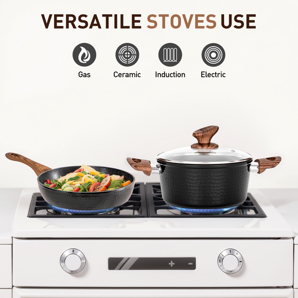 15 Pieces Induction Black Hammered Finish Nonstick Pots and Pans Set