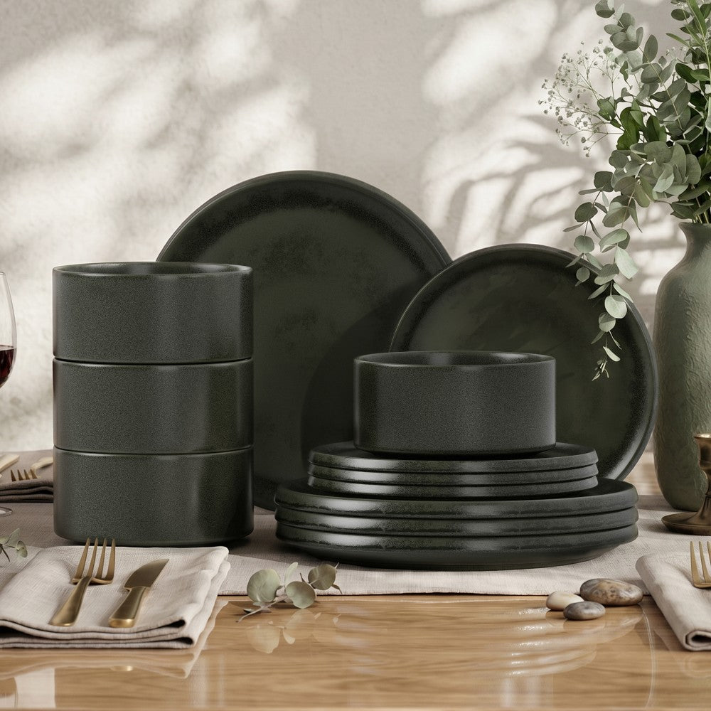 12 Pieces Reactive Glaze Stoneware Dinnerware Set in Matte Black