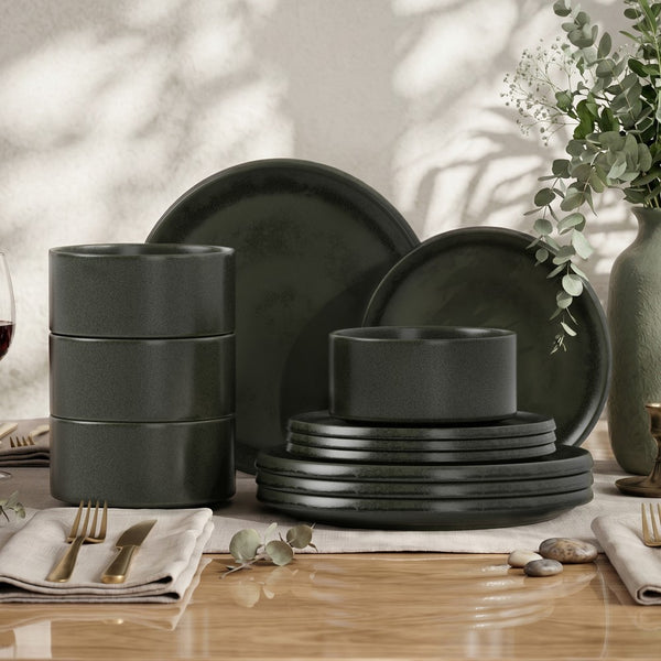 12 Pieces Reactive Glaze Stoneware Dinnerware Set in Matte Black