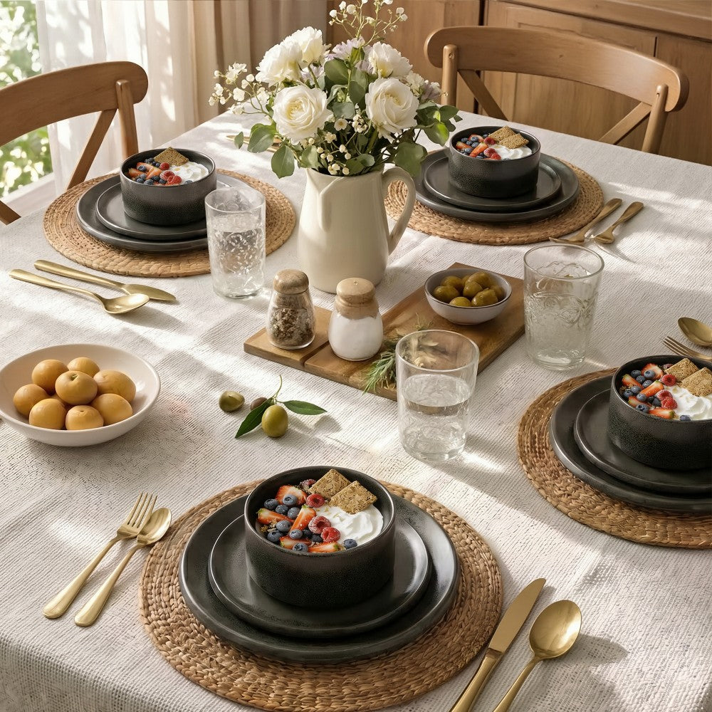 12 Pieces Reactive Glaze Stoneware Dinnerware Set in Matte Black