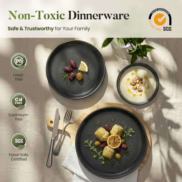12 Pieces Reactive Glaze Stoneware Dinnerware Set in Matte Black