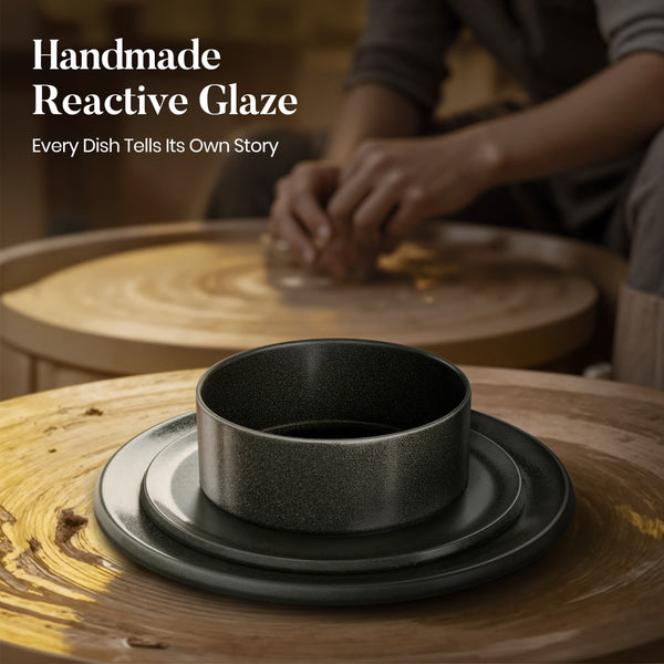 12 Pieces Reactive Glaze Stoneware Dinnerware Set in Matte Black