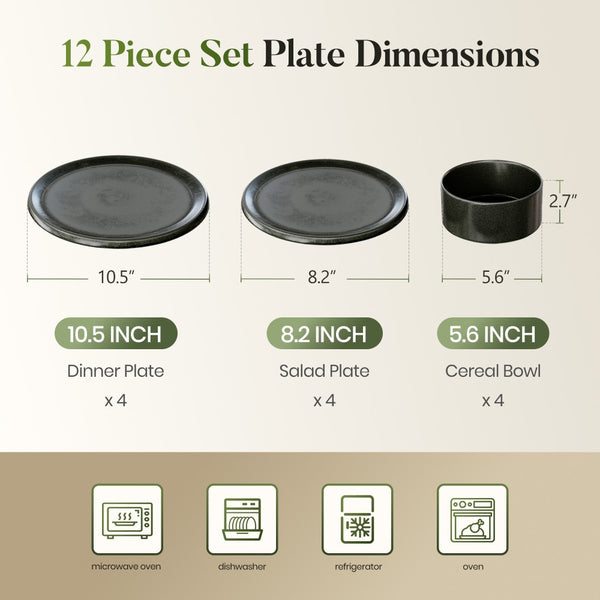 12 Pieces Reactive Glaze Stoneware Dinnerware Set in Matte Black
