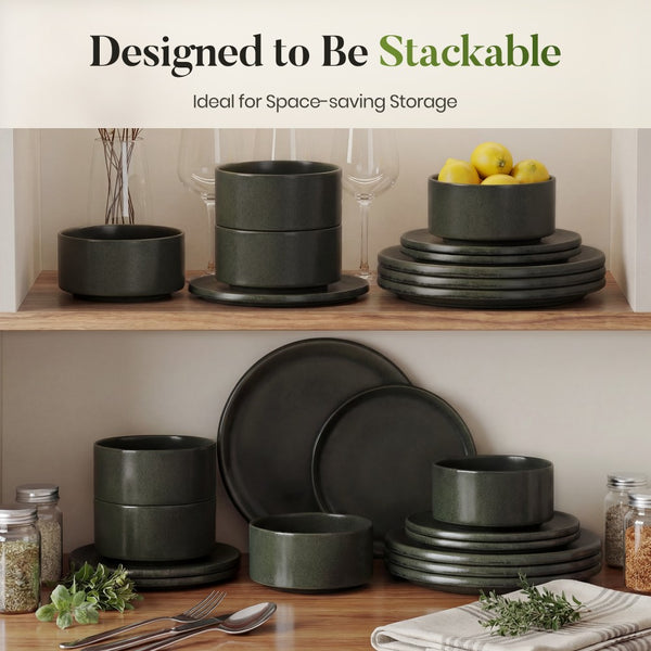 12 Pieces Reactive Glaze Stoneware Dinnerware Set in Matte Black