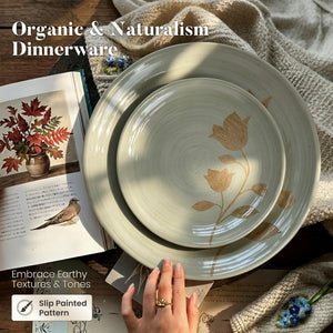 12 Pieces Organic Stoneware Dinnerware Set with Botanical Patterns
