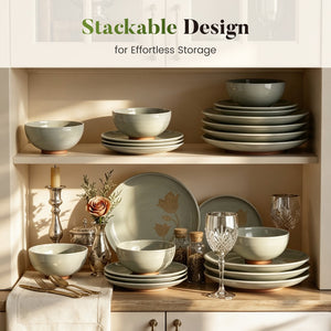 12 Pieces Organic Stoneware Dinnerware Set with Botanical Patterns