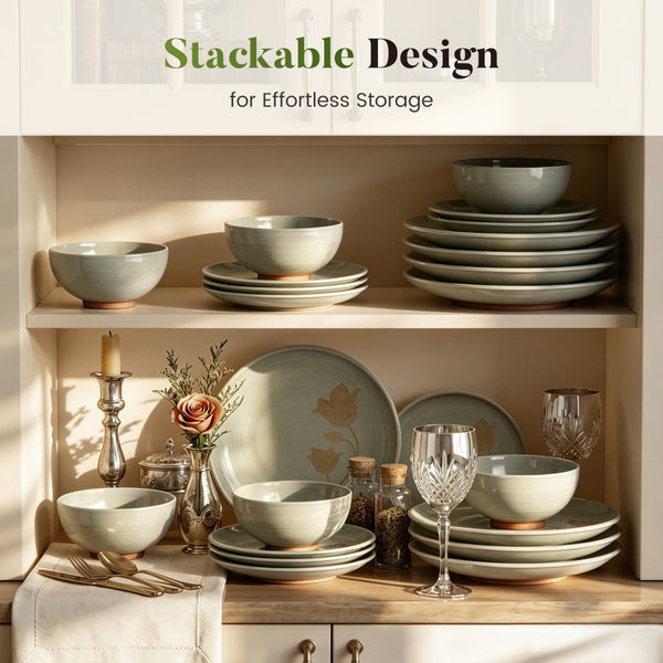 12 Pieces Organic Stoneware Dinnerware Set with Botanical Patterns
