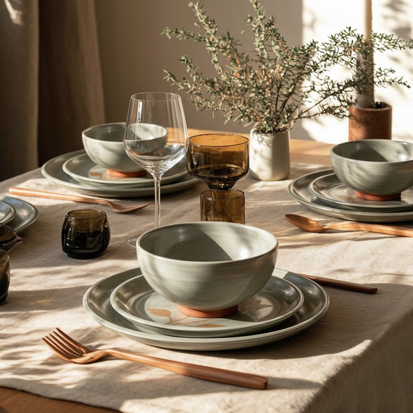 12 Pieces Organic Stoneware Dinnerware Set with Botanical Patterns
