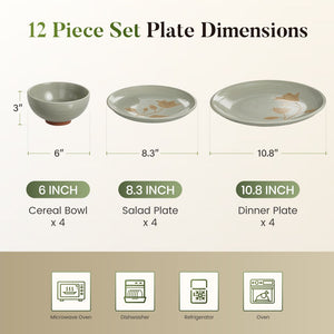 12 Pieces Organic Stoneware Dinnerware Set with Botanical Patterns
