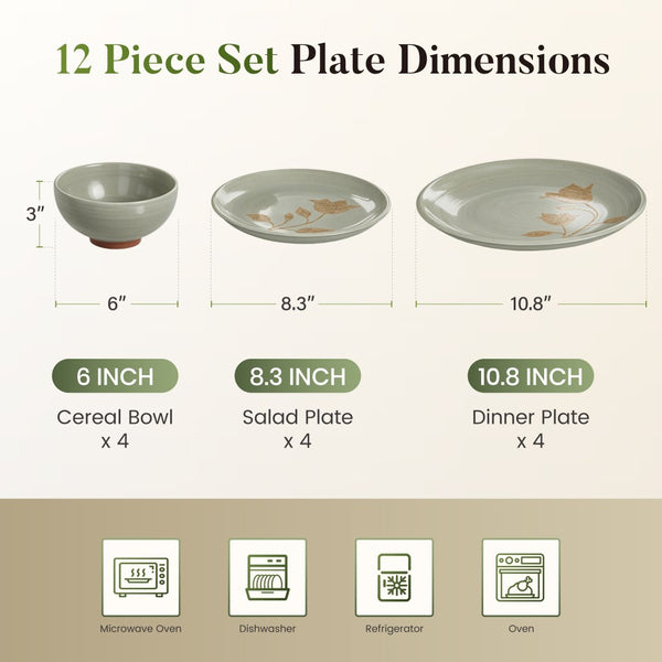 12 Pieces Organic Stoneware Dinnerware Set with Botanical Patterns