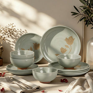 12 Pieces Organic Stoneware Dinnerware Set with Botanical Patterns