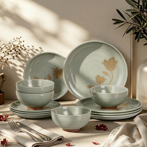 12 Pieces Organic Stoneware Dinnerware Set with Botanical Patterns